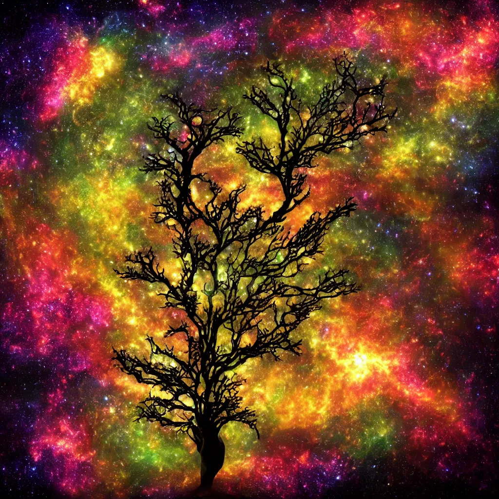 Image similar to tree of life, Cosmic tree of life, trees, Tree in a galaxy made of stars, space, nebulas stars Dmt Psychedelic cosmos, cosmic, Hallucination, night sky; 8k, artstation, unreal engine, octane render, hdr, surrealistic, hyperrealism, glow, photorealistic, volumetric lighting, Dreamy, dynamic, mystical