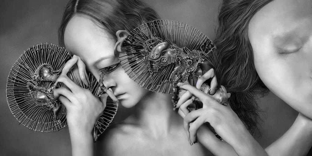 Image similar to hyper realistic photography of a stunningly cyborg female, intimate, holding hands, kissing, delicate fan of blades, in the style of beth cavener, jin kagetsu,, and wlop, highly detailed, intricate filigree, chrome face symmetry, masterpiece, award - winning, sharp focus, concept art, high key, ambient lighting, 8 k, octane render,