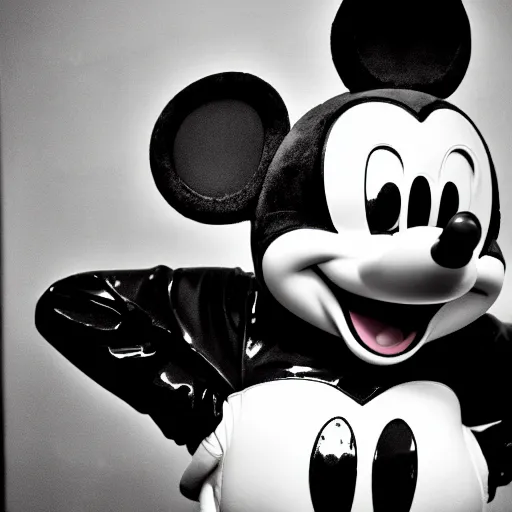 Image similar to close shot of mickey mouse wearing a latex outfit in the berghain toilette, berlin style, photography by sven marquardt, highly detailed, photorealistic, 4 k