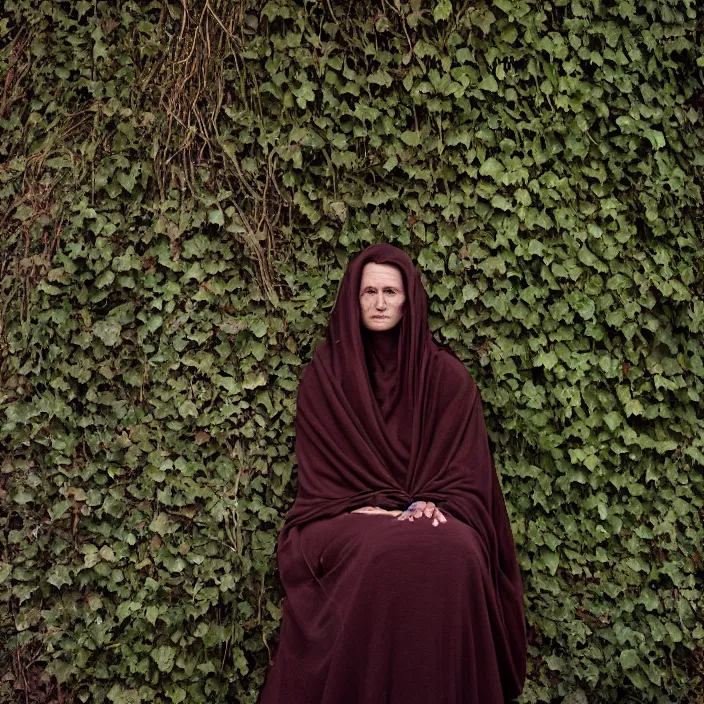 Image similar to closeup portrait of a woman with a cloak made of ivy, sitting in a chair in an abandoned house, by Annie Leibovitz and Steve McCurry, natural light, detailed face, CANON Eos C300, ƒ1.8, 35mm, 8K, medium-format print