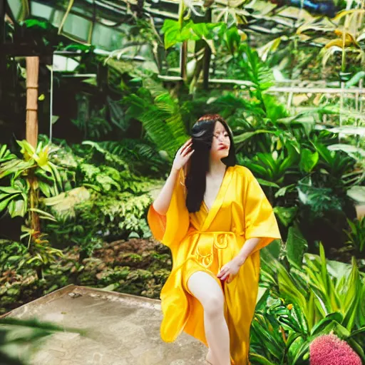 Prompt: a young beautiful woman wearing a yellow kimono, in tropical greenhouse, photography, photo, 3 5 mm lens, bokeh, volumetric hazy lighting, 8 k