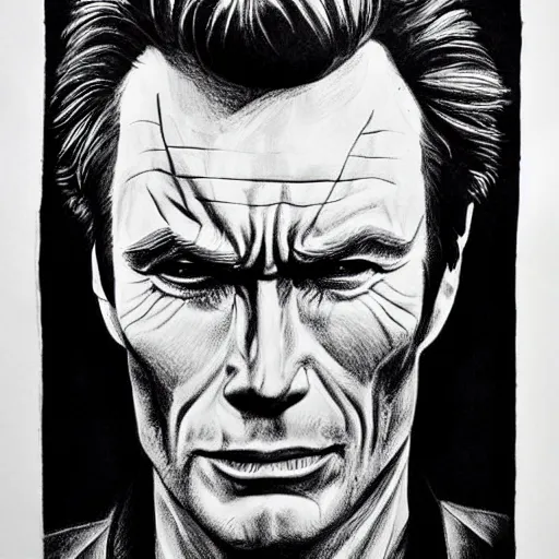 Prompt: Clint Eastwood as Dirty Harry, Portrait, 44 Magnum, Make My Day Punk, Graphite, Ink