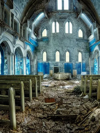 Image similar to interior of an abandoned, overgrown church, blue color palette, photo, digital art, detailed, intricate complexity, artstation