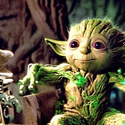 Prompt: Film still of Groot chilling out with Yoda, from Star Wars The Empire Strikes Back (1980)