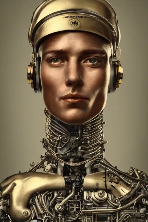 Image similar to a beautiful ultradetailed vintage photo of a futuristic cybernetic cyborg male wearing a toque chef hat, by tom bagshaw and anna dittman, portrait, 3 5 mm lens, golden ratio composition, detailed face, studio photography, very detailed, humanoids, industrial robots, artstation, 8 k, highly coherent