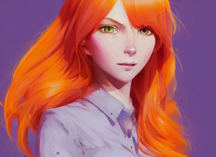 Image similar to portrait of a beautiful smiling girl with orange hair and freckles, green eyes, highly detailed, digital painting, concept art, smooth, sharp, focus, background is purple, anime key visual, ilya kuvshinov, rossdraws, artstation