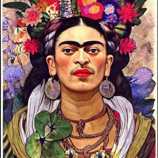 Image similar to frida kahlo dressed like an aztec empress surrounded by flowers, poster by alphons mucha