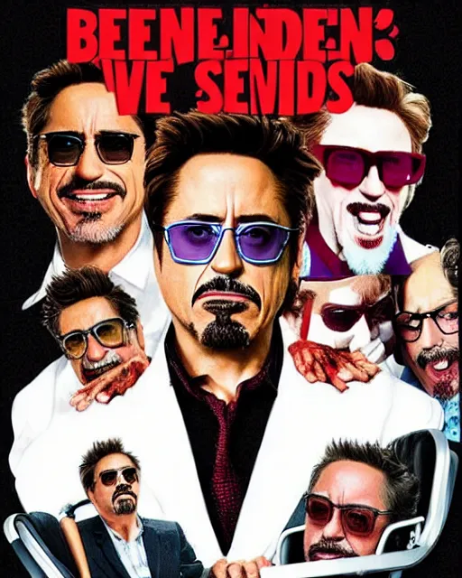 Prompt: movie poster for weekend at bernie's 3, robert downey jr in a wheelchair with dark sunglasses, grey facial flesh, cinematic lighting, zombie rigor mortis inanimate corpse in a wheelchair, robert downey starring in weekend at bernie's, bernie goes to vegas