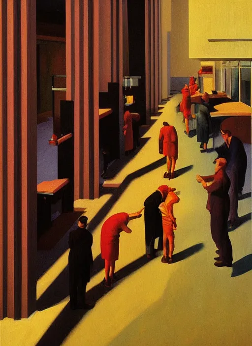 Prompt: sausage line at the art deco hospital painting by Edward Hopper and James Gilleard, Zdzislaw Beksinski highly detailed