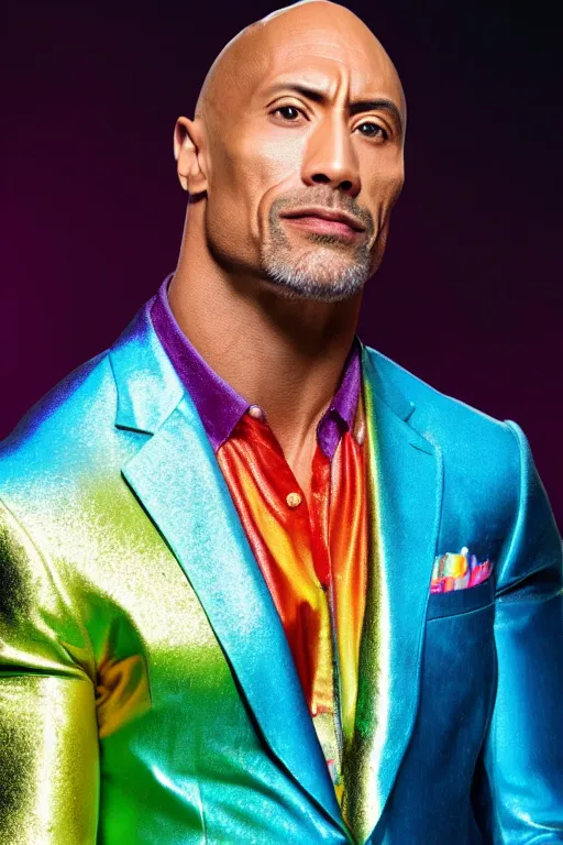 Image similar to photo portrait of the rock wearing a rainbow metallic suit