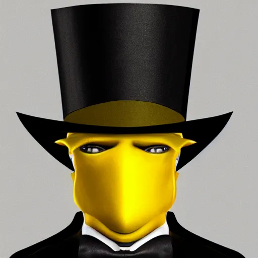 Image similar to a highly detailed portrait of a man in a high top hat covering his face, in a black tailcoat with a yellow waistcoat under the tailcoat, artstation, deviantart, professional, unreal engine 5, photorealistic