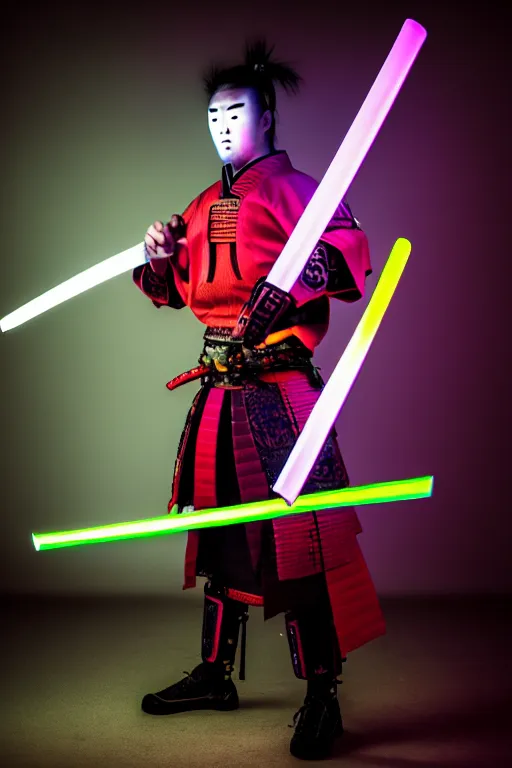 Prompt: slow shutter speed photo of a cyberpunk samurai with neon katana, fusion lamps