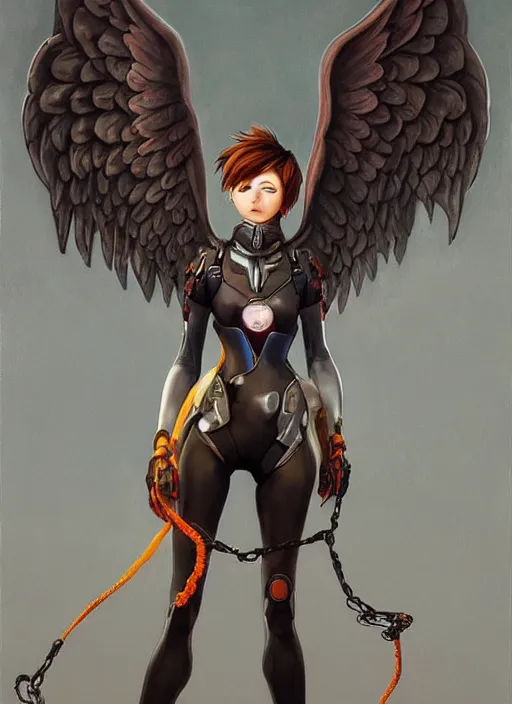 Image similar to full body artwork of tracer overwatch wearing leather collar in style of zdzisław beksinski, angel wings, dramatic painting, symmetrical composition, wearing detailed leather collar, black shiny armor, chains, black harness, detailed face and eyes,