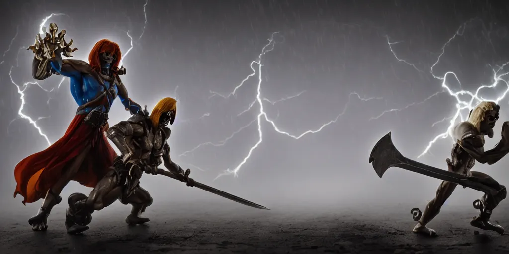 Image similar to skeletor and he - man in a sword fight, fog on the ground, heavy rain, lightning, moody lighting, shallow depth of field, photo realistic,