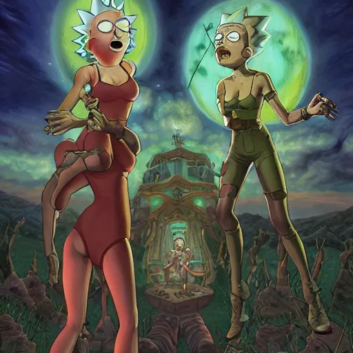 Prompt: Rick and Morty as a muscled heroines staring into the camera, killing pokemons, torch shadows, foggy night, intricate, elegant, highly detailed, Donato Giancola, Joseph Christian Leyendecker, WLOP, Boris Vallejo, Artgerm