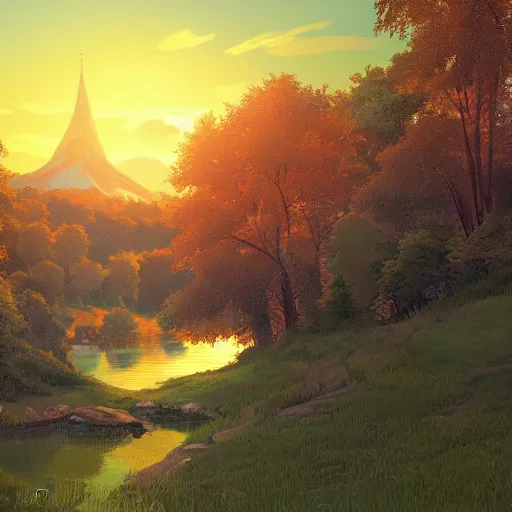 Prompt: a masterpiece detailed beautiful landscape of russian village, trees, lake, mountains, golden hour, sunset, by Makoto Shinkai