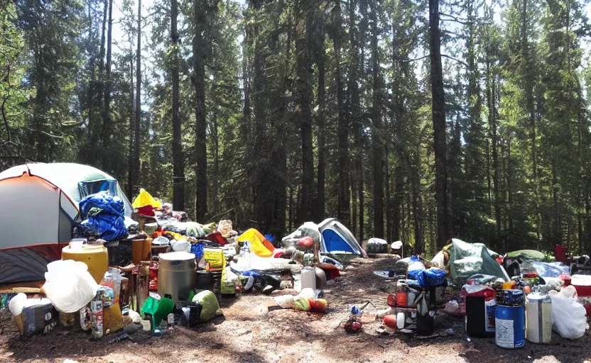 Image similar to a ladder next to a huge pile of beer cans and camping garbage camping tents and forest trees beautiful day