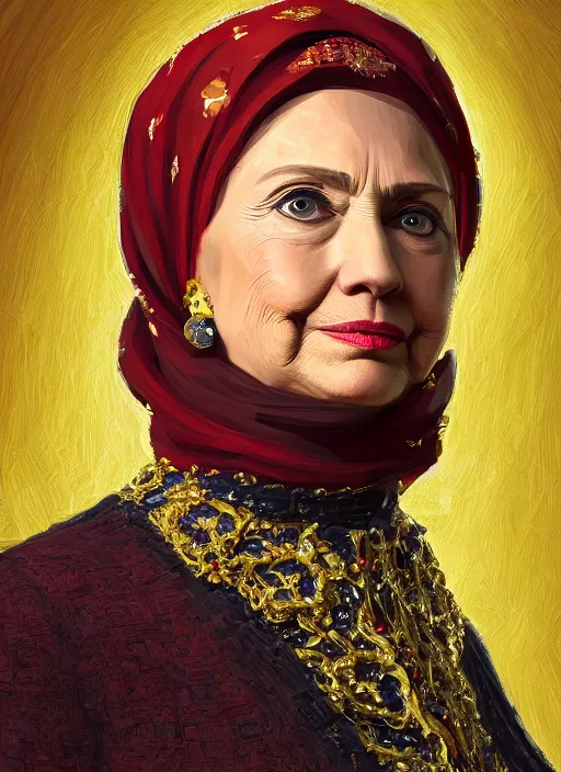 Image similar to portrait of hillary clinton as a muslim, jewelry, greek, ruby, victorian age, 1 8 9 0, intricate, headshot, key visual, conceptart, ambient lighting, highly detailed, digital painting, artstation, concept art, sharp focus, by makoto shinkai and akihiko yoshida and greg manchess
