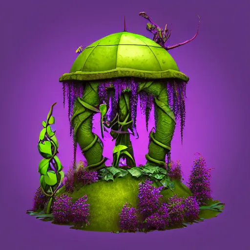 Image similar to A small structure with a dome-shaped roof made from purple vines and some large red flowers with yellow petals at the top, a tall orcish figure stands still inside with its body covered in vines and a large purple crystal at the center, full body render with Vignetting, high-poly count, stylized organic shapes, rendering with Substance Source, detail and texture baked, 8k rendered with Arnold, Vray, Photoshop, ZBrush, Substance Source, Maxwell, Corona and Mental Ray, cinematic lighting and VFX work