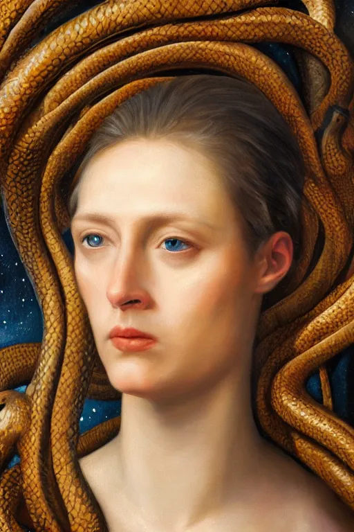 Image similar to hyperrealism oil painting, close - up portrait of face from a tangle of snakes medieval fashion model, knight, steel gradient mixed with nebula sky, in style of baroque