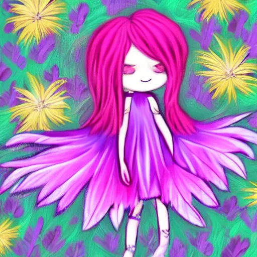 Image similar to little girl with eccentric pink hair wearing a dress mada of purple feather, artwork made by dcwj