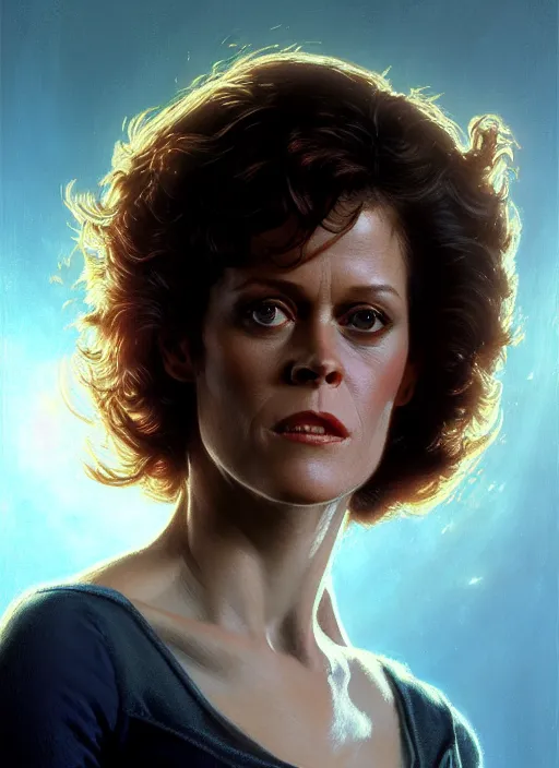 Prompt: head portrait of 8 0 s scifi elegant pretty girl, ellen ripley, sigourney weaver, cinematic, detailed, dynamic, artstation character, norman rockwell, everett raymond kinstler, artgerm, daniel gerhartz, greg rutkowski, pulp science fiction illustration