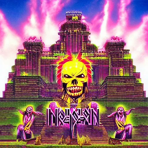 Prompt: iron maiden vaporwave album cover