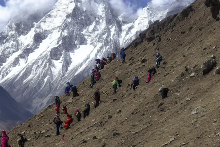 Prompt: people climbing tibet mountains in spring