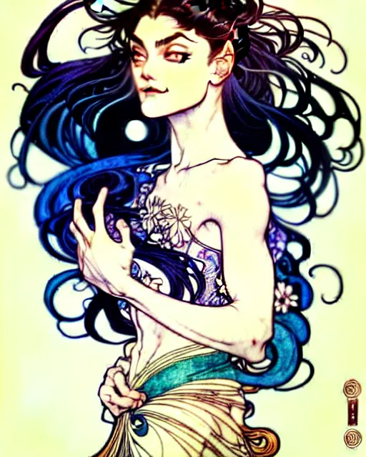 Image similar to in the style of artgerm, arthur rackham, alphonse mucha, phoebe tonkin, symmetrical eyes, symmetrical face, flowing blue skirt, full entire body, hair blowing, intricate filagree, hidden hands, warm colors, cool offset colors