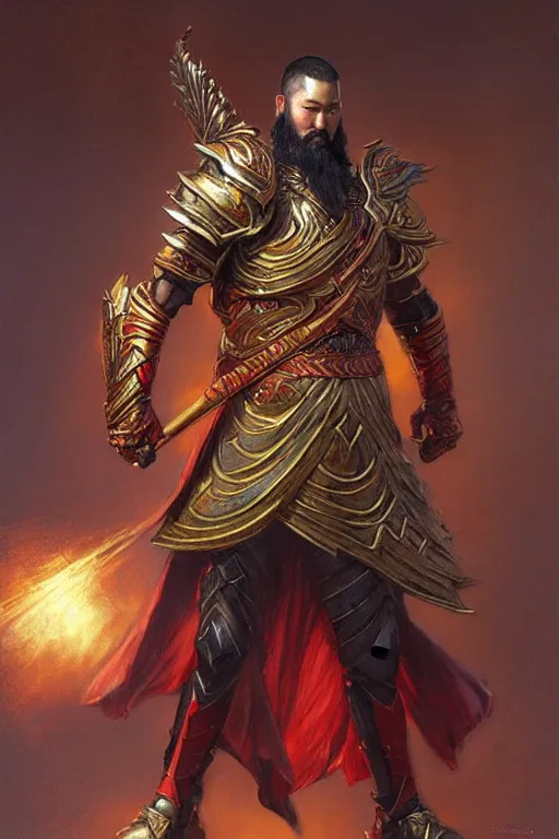 Image similar to attractive male with armor and clothes, guan yu, character design, colorful paint, sweat, painting by gaston bussiere, craig mullins, j. c. leyendecker