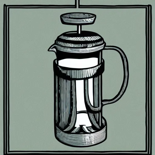 Prompt: french press, coffee, hand drawn, illustration, engraved vector, by alexanderpokusay