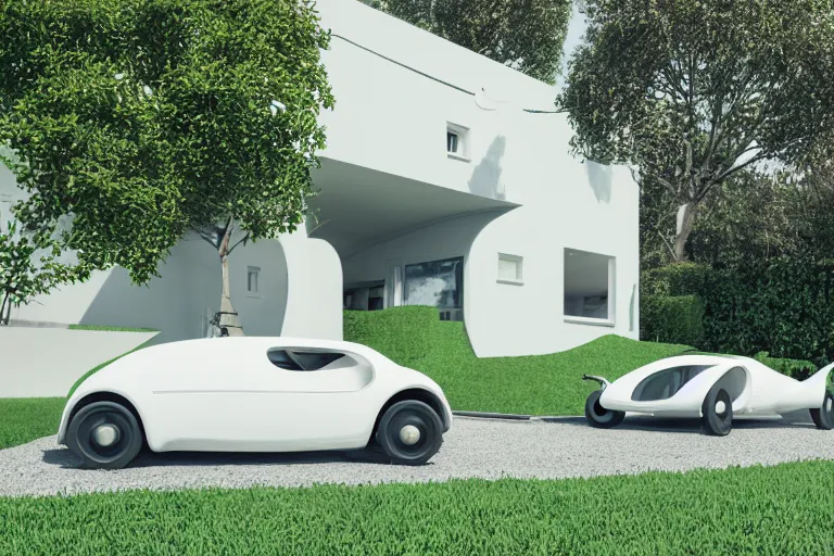 Image similar to a house in the future house, retrofuturim, lawn, trees, white picket fence, futuristic flying car parked on the landing pad, realistc octane render, depth of field, soft lighting, 8k