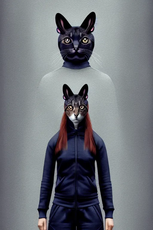 Prompt: epic professional digital art of female human - cat hybrid animal wearing navy tracksuit, humanoid car head, cat ears, painting, by leesha hannigan, iris van herpen, artstation, cgsociety, wlop, epic, much wow, much detail, gorgeous, detailed, cinematic, masterpiece