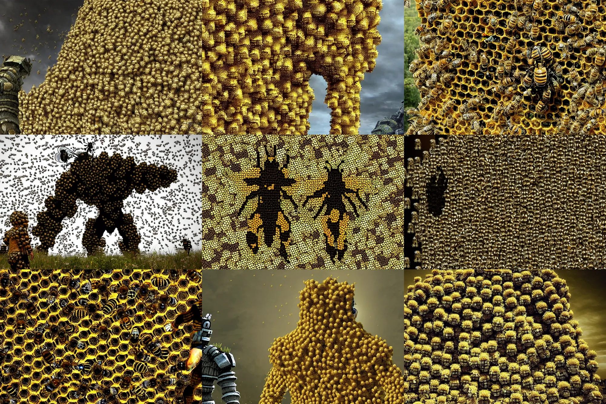 Prompt: shadow of the colossus covered in bees, made of bees, 1 million bees, bees covering whole body