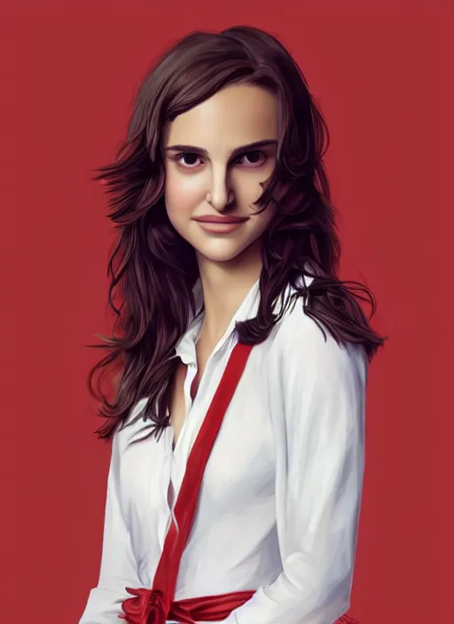 Image similar to portrait of teenage natalie portman, long haircut, flowing dark hair, white shirt, red tie, smiling kindly, forest at background, 1 9 8 0 s, intricate, elegant, glowing lights, highly detailed, digital painting, artstation, concept art, smooth, sharp focus, illustration, art by wlop, mars ravelo and greg rutkowski