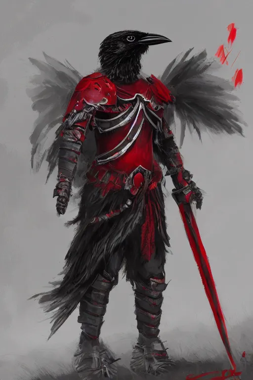 Prompt: crow warrior in heavy armor. black wings. red clothes. bloom, lighting, shadows. digital painting, hd, highly detailed.