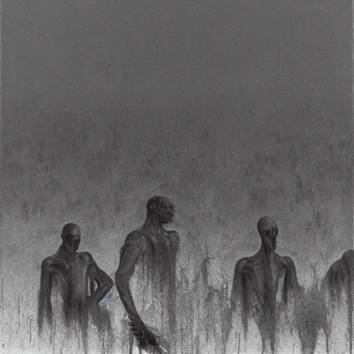 Prompt: death grips, dj ride, playing a concert in a desolate brutalist wasteland, painted by zdzislaw beksinski