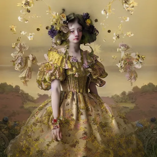 Image similar to 8k, octane render, realism, tonalism, renaissance, rococo, baroque, portrait of a young lady wearing long harajuku manga dress with flowers and skulls standing in a renaissance park, chaotic gold leaf flowers