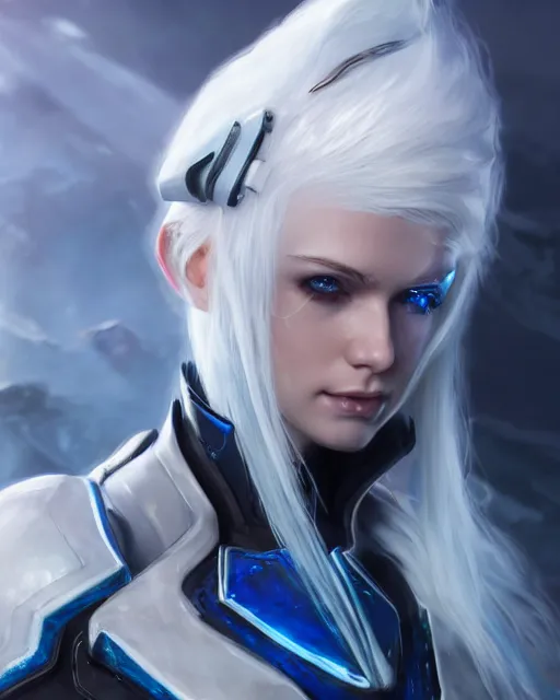 Image similar to perfect white haired girl, warframe armor, beautiful, pretty face, blue eyes, detailed, windy weather, scifi, platform, laboratory, experiment, 4 k, ultra realistic, epic lighting, high detail, masterpiece, by akihito tsukushi, charlie bowater