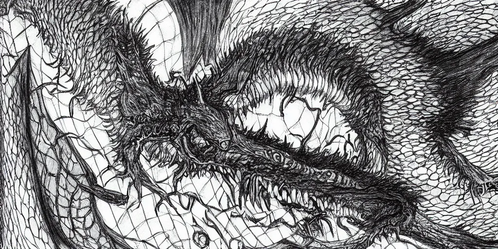 Prompt: A single dragon looking at the screen, horror, creepy, dark, manga, pencil, inspired by junji ito, superior quality, masterpiece