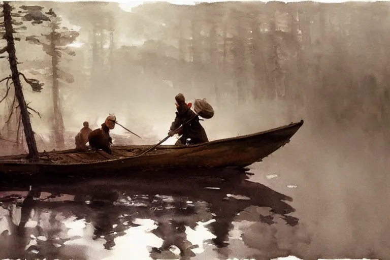 Prompt: watercolor painting of scandinavian bog, reflective, fog, ambient lighting, art by anders zorn and winslow homer, wonderful masterpiece by greg rutkowski, cinematic light, american romanticism by greg manchess, creation by tyler edlin