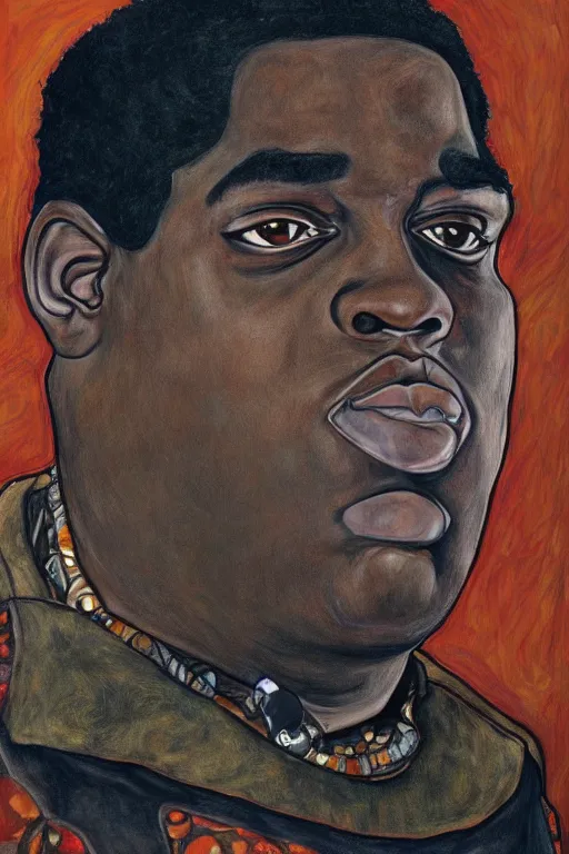 Image similar to a full body portrait of biggie smalls in style of egon schiele, masterpiece, hyperdetailed, complex, intricate, 4 k, trending on artstation