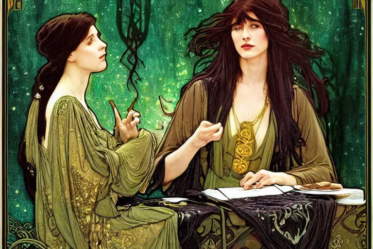 Image similar to a beautiful sorceress wearing a black robe with gold embroidery, sitting at table, casting a spell, green glows, painted by john williams waterhouse and alphonse mucha, in the style of magic the gathering, highly detailed digital art