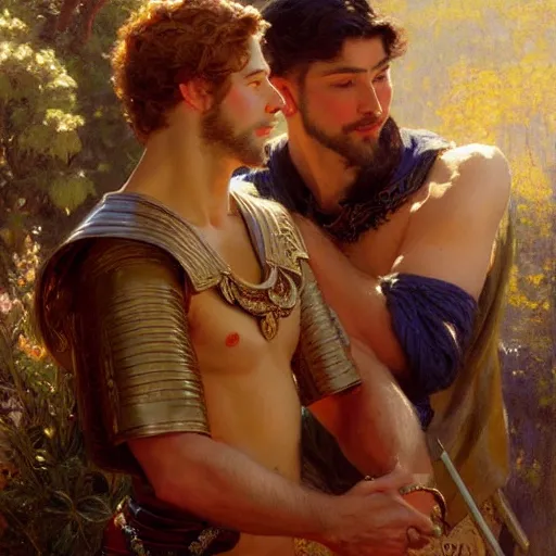 Image similar to attractive fully clothed king confesses his love for his attractive fully clothed male prince. highly detailed painting by gaston bussiere, craig mullins, j. c. leyendecker 8 k