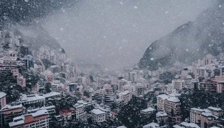 Prompt: the city of rio de janeiro covered in snow, winter photograph, snowing, wide shot, landscape, 4 k, award winning photograph, beautiful, trending on instagram