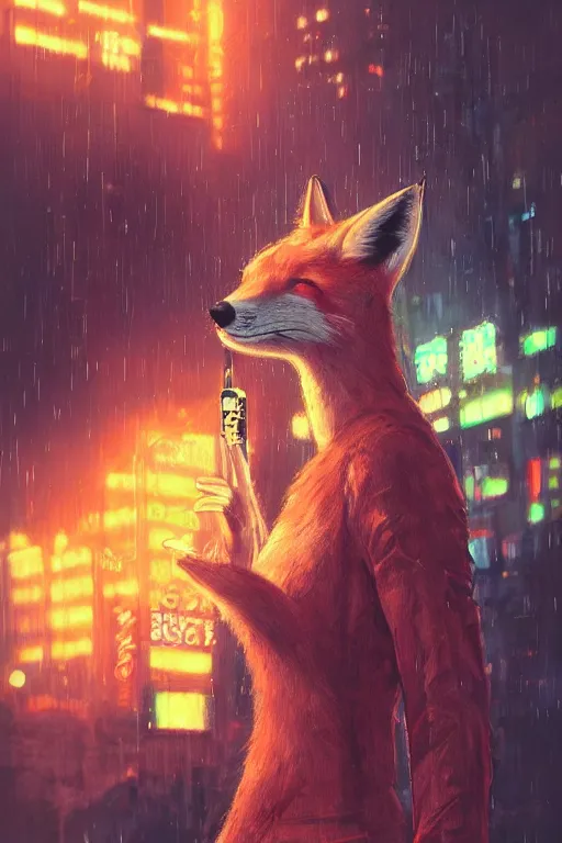 Image similar to beautiful portrait of a tall female anthro fox smoking a cigarette in a bustling crowd of a rainy city street, cyberpunk, harsh neon lights, highly detailed, sharp focus, digital painting, illustration, trending on artstation, art by sakimichan, artgerm
