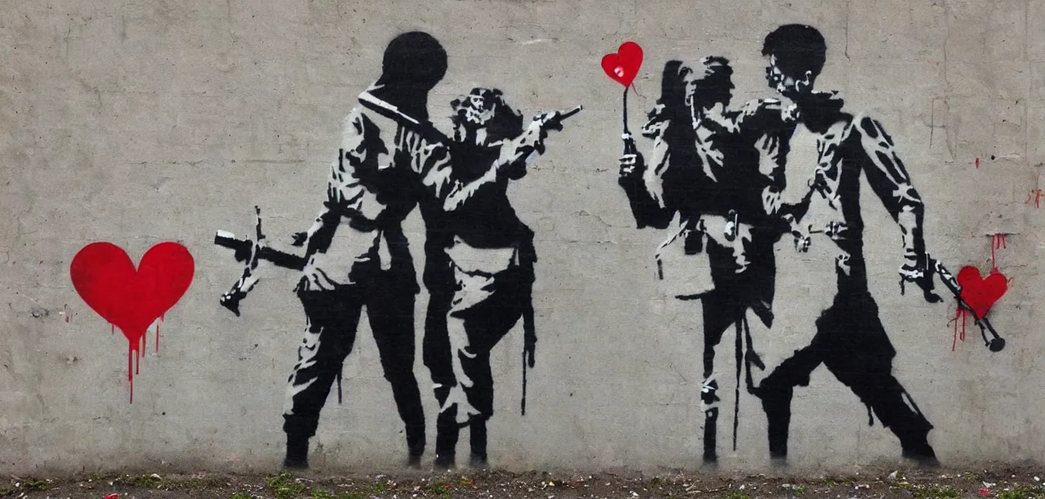 Prompt: love war and apocalypse, banksy, street art