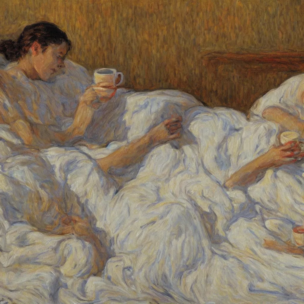 Prompt: a beautiful painting of a beautiful woman drinking coffee in a bed with white sheets drinking coffee in the style of Monet