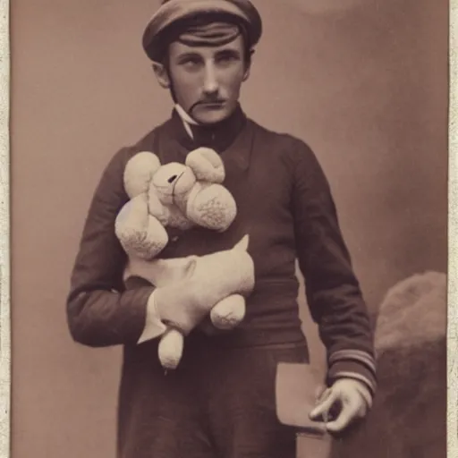 Prompt: the famous pilot francesco baracca holding a plushie, perfect face, made by a early century photographer