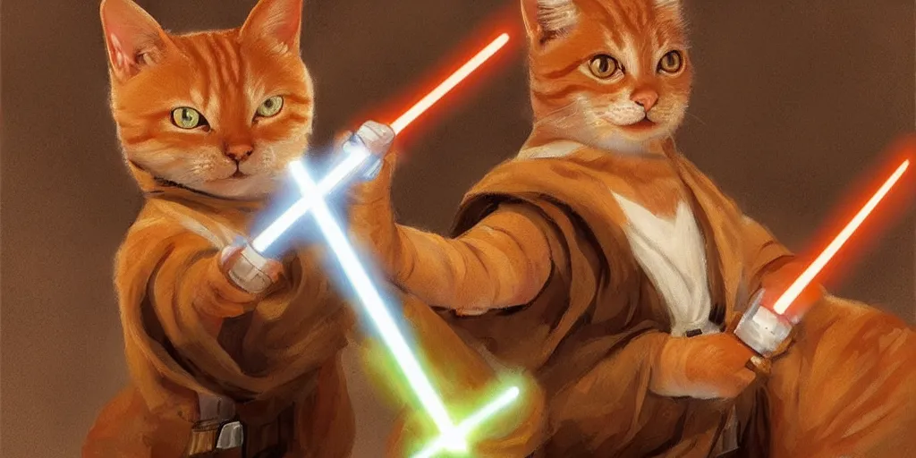 Prompt: Orange tabby cat Jedi, star wars, concept art